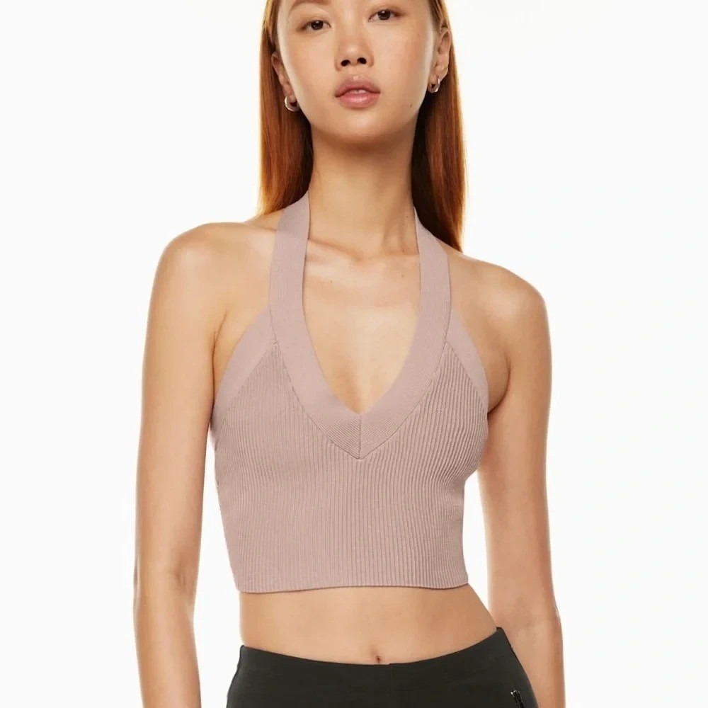 Aritzia Babaton Ribbed Halter Top M Latte Beige Quiet Luxury Y2K Cropped Knit - Picture 5 of 8